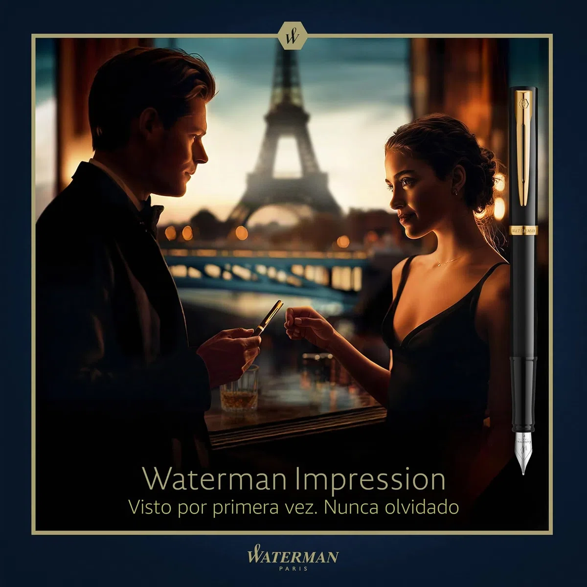 Waterman Impression Pluma estilográfica | Plumín medio con recarga de tinta azul | Laca negra con adornos chapados en oro | Caja de regalo