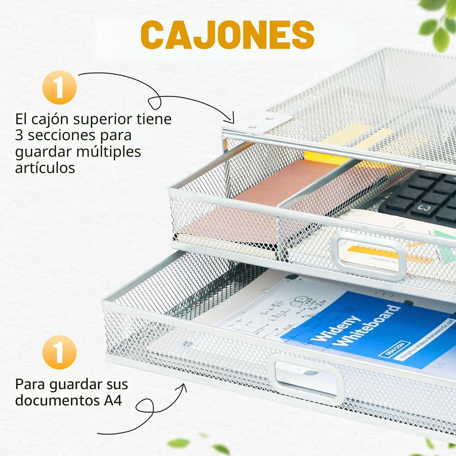 Cajón bajo escritorio reforzado 2 cajones deslizantes A4 Organizador de almacenamiento de metal GRIS