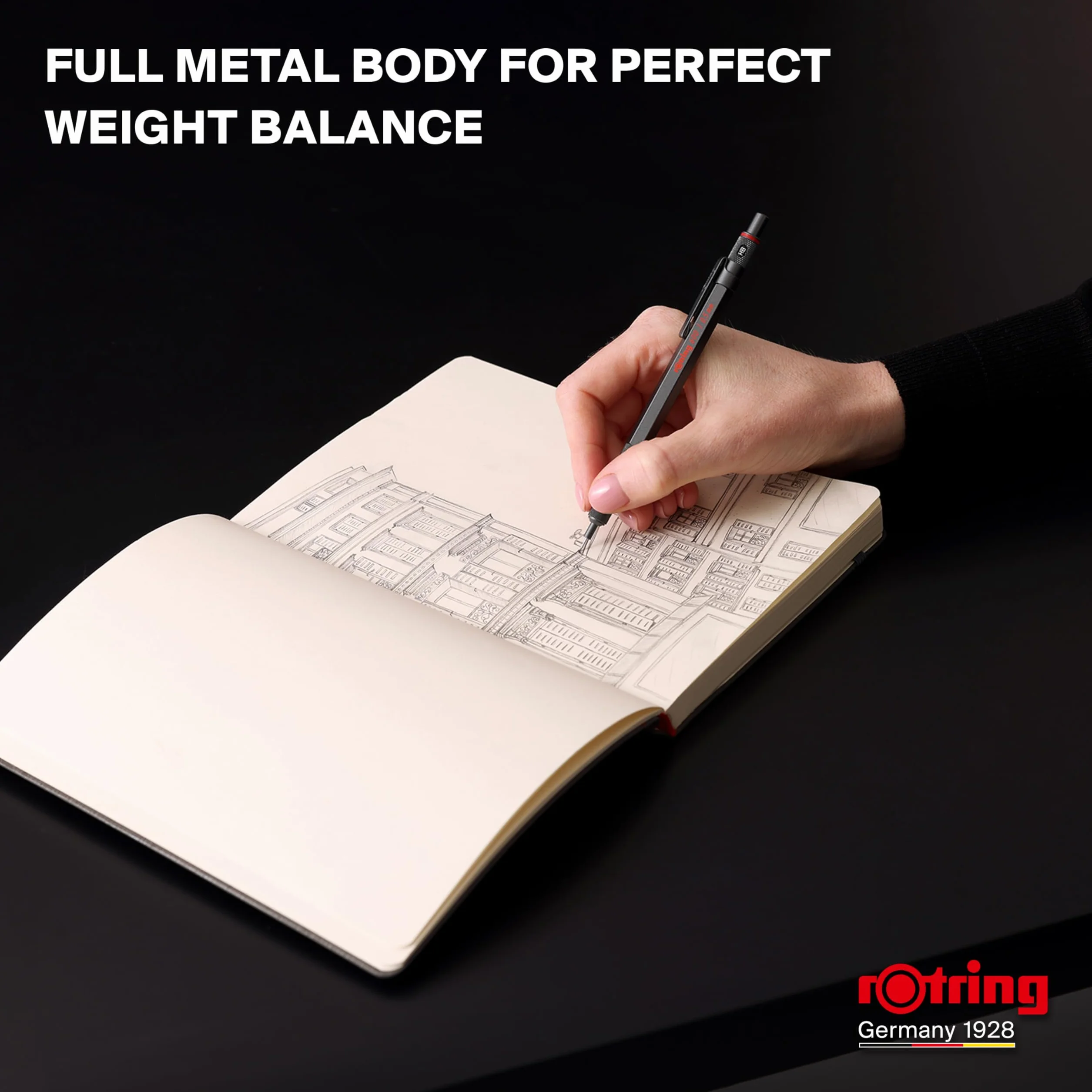 rOtring 600 Portaminas | Mina HB0,5 mm | Portaminas con cuerpo metalizado completo | Piedra oscura | Agarre estriado antideslizante y cuerpo hexagonal
