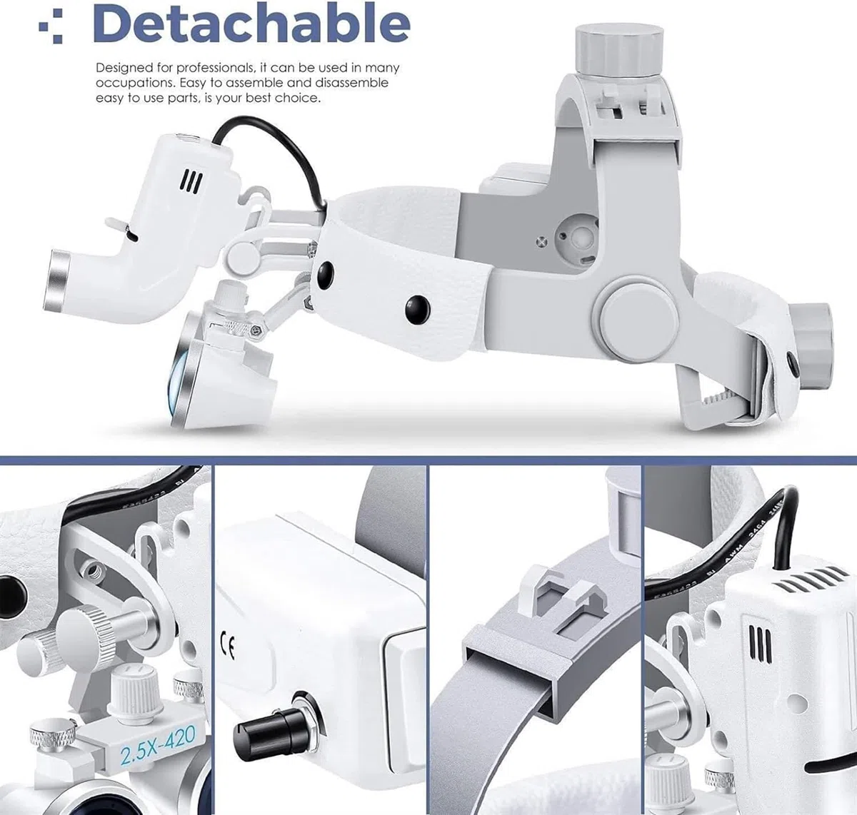 Lupa Dental, Lupa Binocular De 2.5 Aumentos Con Linterna Frontal Y Diadema, 30000 Lux De Alto Brillo, Ligera, Equipo De Laboratorio Binocular Con Aumento Para Otorrinolaringología Y Estomatología.