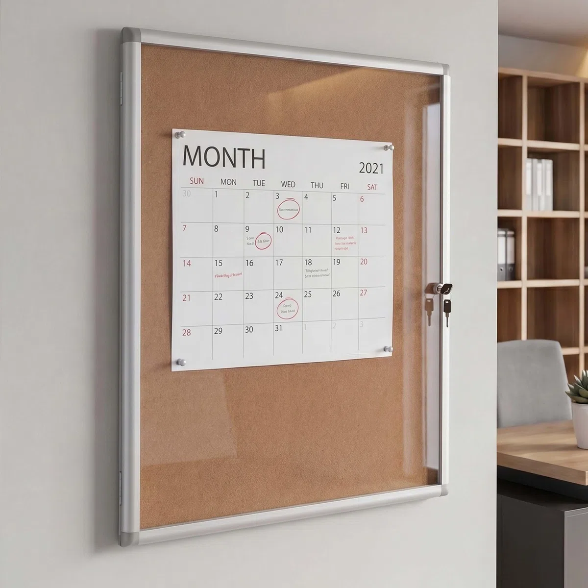 Vitrina HWC-Q51, tablón de notas con superficie de corcho, aluminio con cerradura, incluye accesorios, 95 x 68 x 7 cm