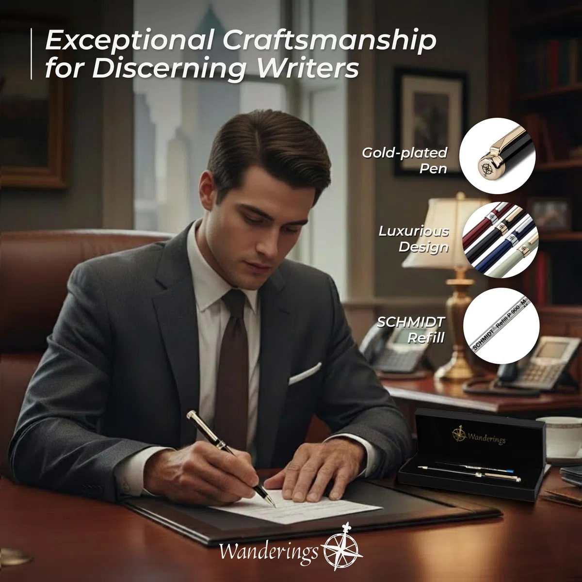 WANDERINGS Bolígrafo Rollerball Premium con Tinta Alemana – Escritura Sobresaliente, 24K Chapado en Oro – Negro Piano – Incluye un Recambio Schmidt en un Estuche de Presentación para Regalo