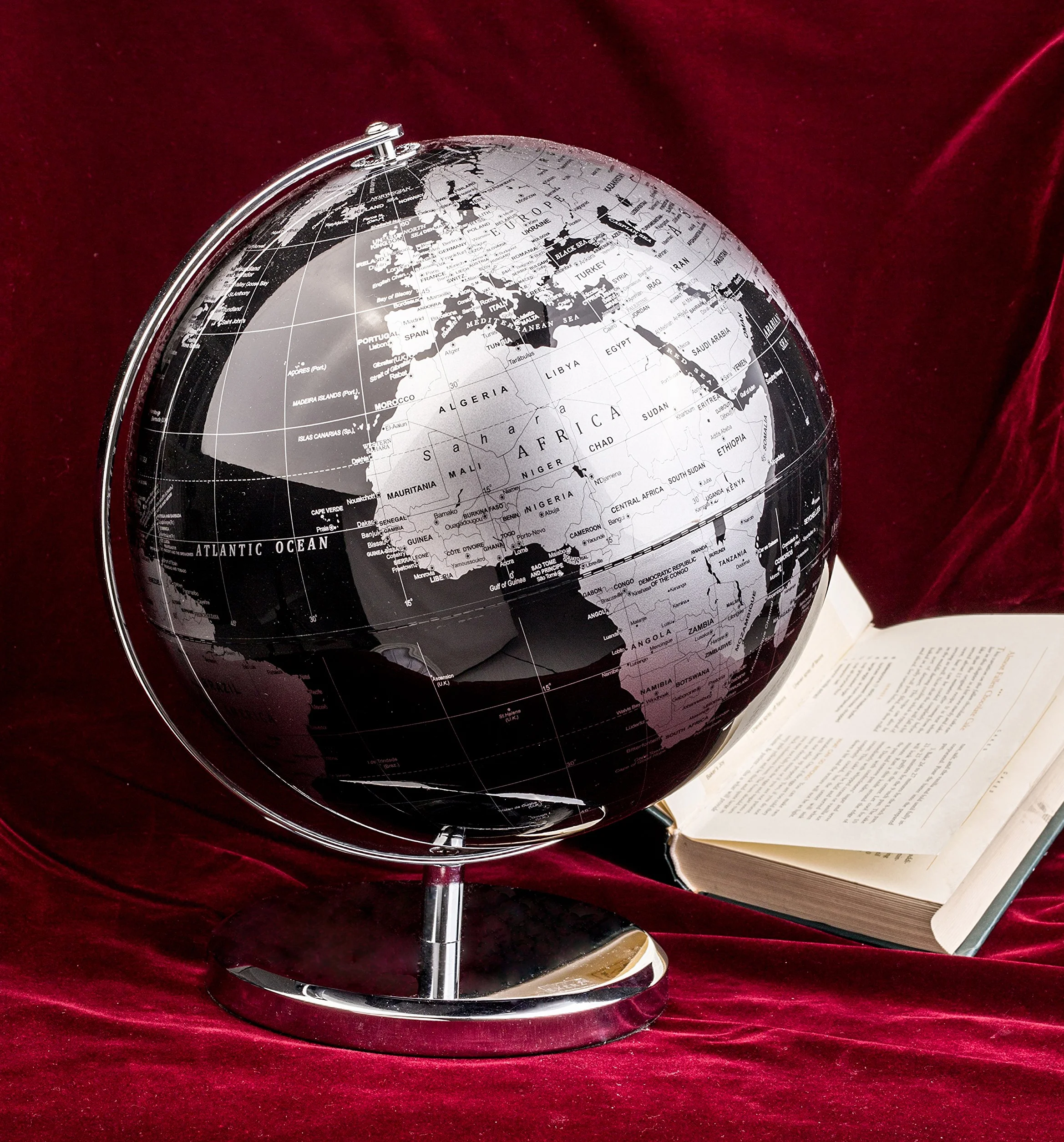 Exerz 30cm Globo Terráqueo - Mapa en Inglés - Decoración de Escritorio educativa/geográfica/Moderna - con una Base de Metal - Negro Metálico - Diámetro: 30cm