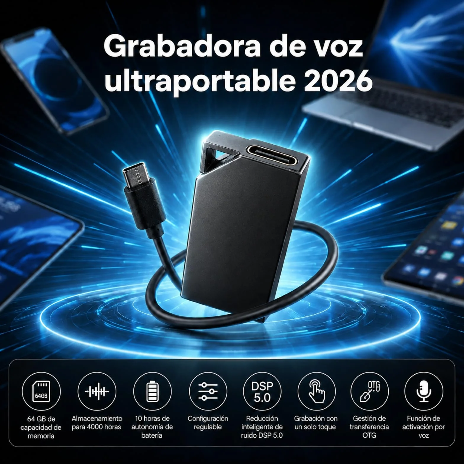 Mini Grabadora de Voz Espía Oculta 64GB DSP 5.0 Reducción de Ruido Activación por Voz Audio HD