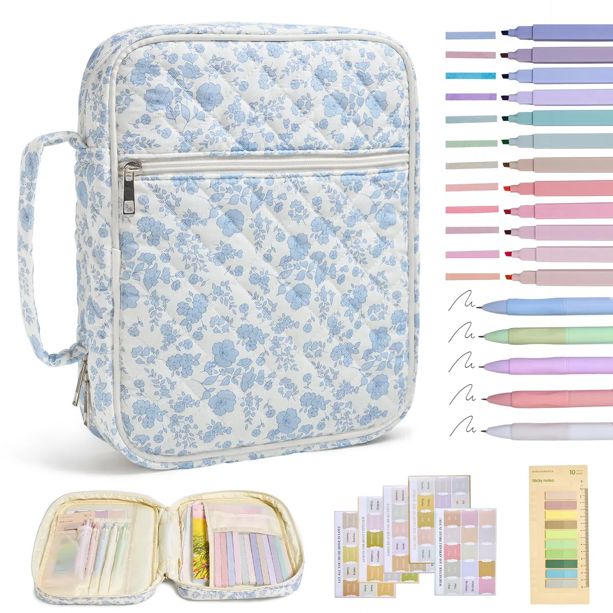 Funda para la Biblia para mujer, funda de bolsa de la Biblia con asa duradera, funda acolchada para transporte de la Biblia para niñas, accesorios de estudio de la Biblia (flor azul)