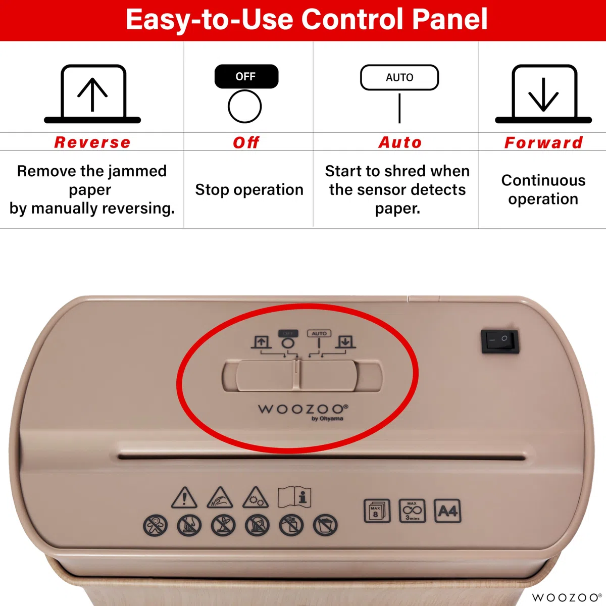 Woozoo, Trituradora de Papel/Destructora de Documentos, 8 Hojas, Tecnología Transversal, Papelera de 8,9L, Papel A4 - Personal Shredder Cross Cut P8GCD - Color Madera