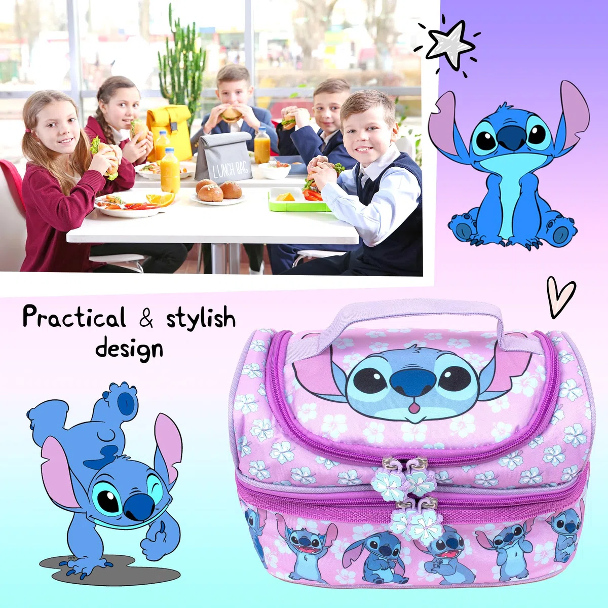 Bolsa de almuerzo de múltiples compartimentos Disney Stitch para niños, térmica y aislada, de doble cubierta, para llevar comida a la escuela, para niñas