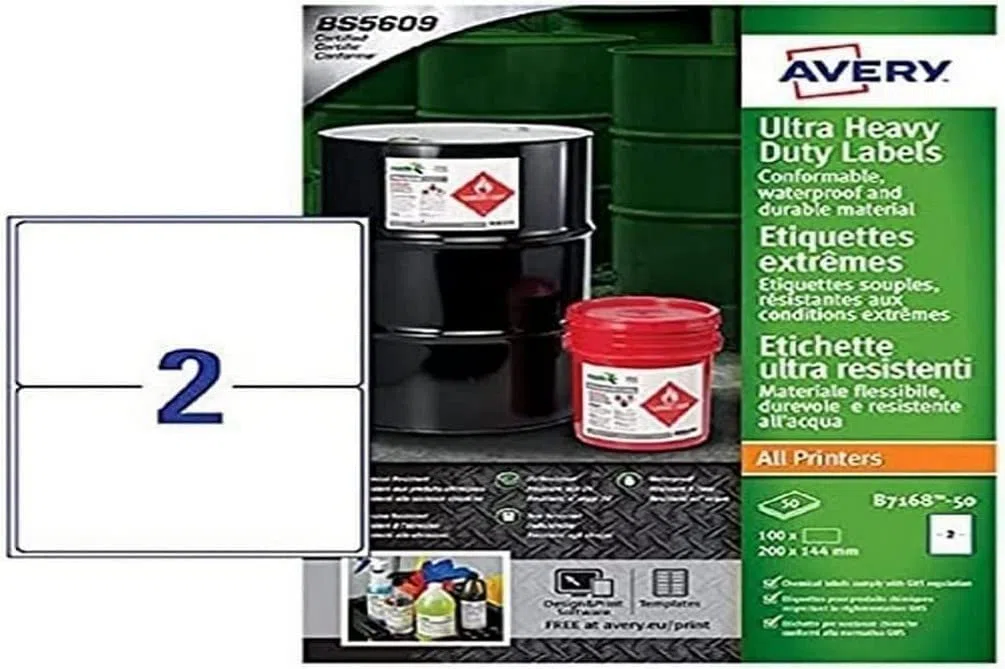 Avery España B7168-50 - Etiquetas adhesivas para uso industrial (100 etiquetas, 200x144mm) Cajaj de 50 hojas