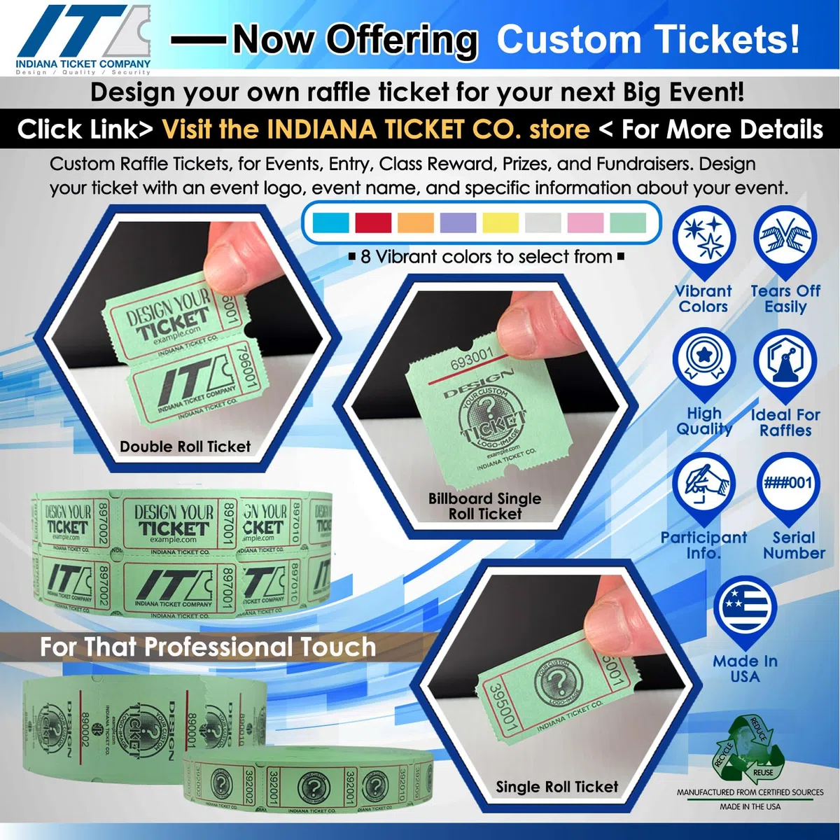 INDIANA TICKET CO. Doble rollo de 8 boletos para rifa. 8 rollos de 1,000. 1 rollo cada uno rojo, azul, naranja, morado, verde, blanco, rosa y amarillo. Entradas para eventos, recompensas de clase,
