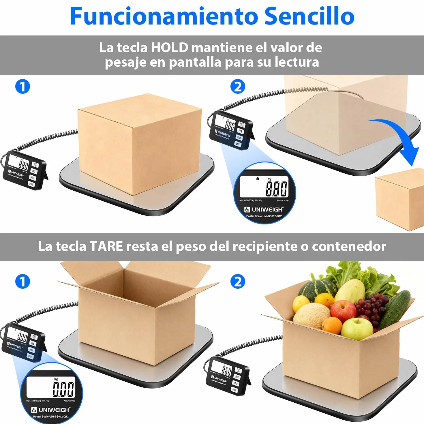 UNIWEIGH Báscula para paquetes 200 kg/10 g precisión digital con función PCS/retención/tara plataforma