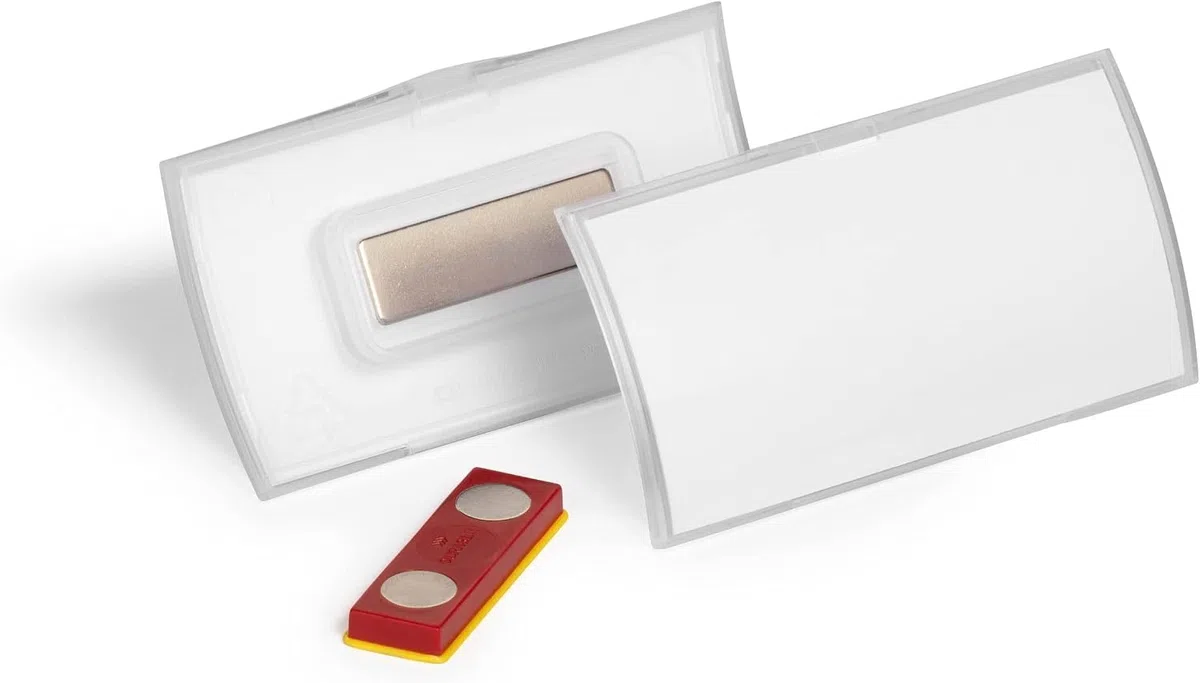 Durable Portanombres CLICK FOLD 40x75 mm con imán a prueba de torsión PP, paquete de 10, transparente, 825919 | Fijación antitorsión, de polipropileno, convexa, para conferencias, incluye soporte de software DURAPRINT