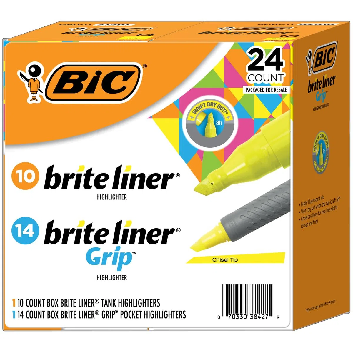 BIC Brite Liner - Paquete combinado de resaltadores, punta de cincel, amarillo fluorescente, 24 unidades