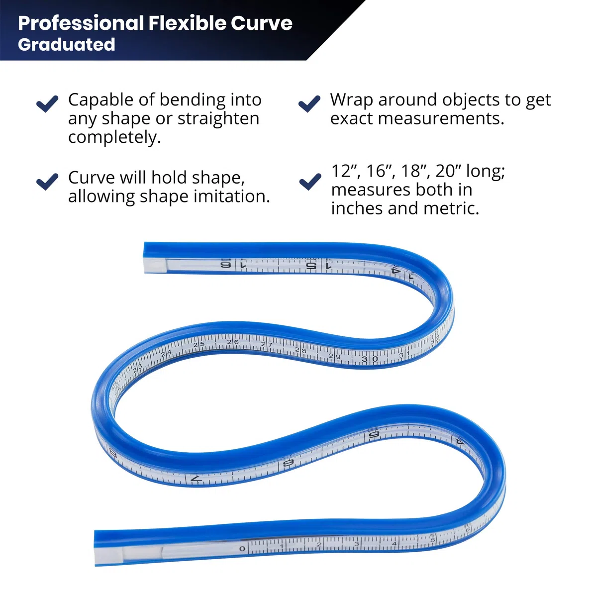 Pacific Arc Regla de curva flexible graduada de 20 pulgadas con borde de tinta, para dibujar, hacer patrones, ingeniería, fabricación de plantillas, ajuste de sillín