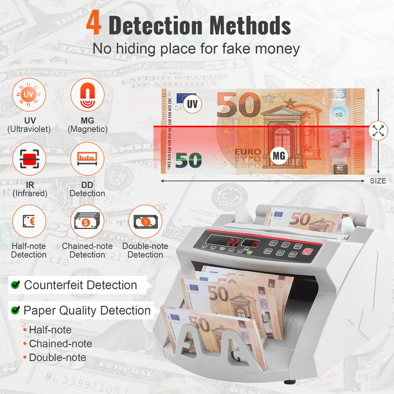 VEVOR Contador de billetes de dinero con pantalla LED contador de billetes profesional con detector de billetes falsos, UV/MG, 1000 billetes/minuto, solo cuenta el número de hojas