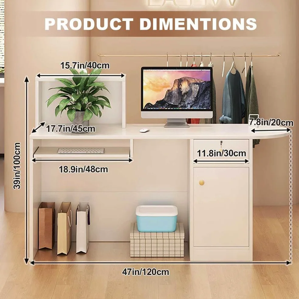 Mostrador de Recepción con Cajones & Cerradura y luz LED, Moderno Mostrador de Recepción, con Bandeja para Teclado y Armario de Almacenamiento para Caja, Vestíbulo, Oficina,Grey 2,120x45x100cm