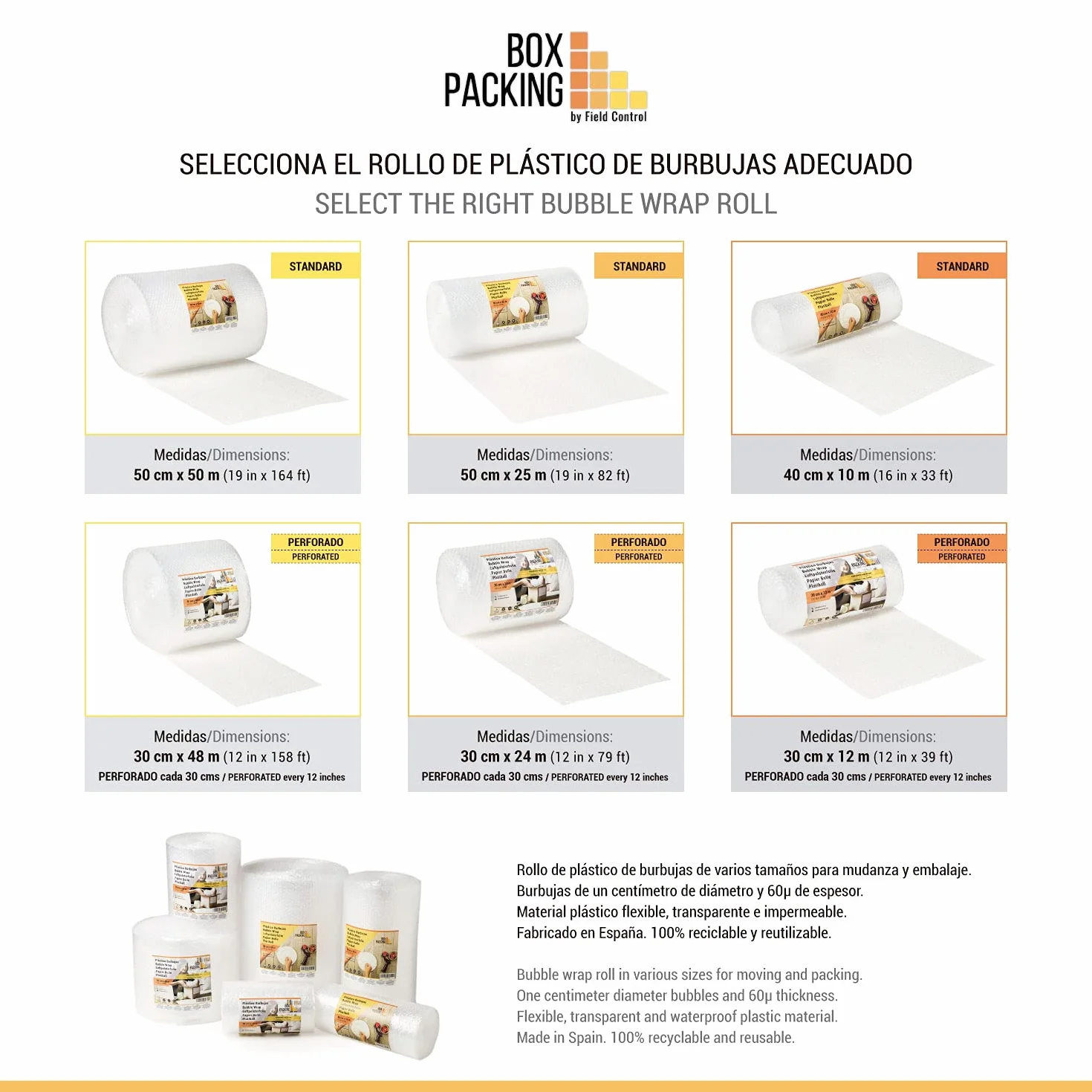 BOXPACKING | Papel Burbujas Embalaje Mudanza | Plástico Burbujas | 50 cm x 50 m | Rollo burbujas Embalaje | Bubble Wrap | Protección de objetos frágiles para envíos y mudanza | Burbuja 1 cm (50 g/m²)