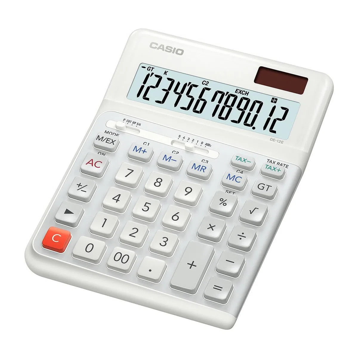 Casio DE-12E-WE - Calculadora de Escritorio Ergonómica, 12 Dígitos, Teclado en Diseño de Escalera, Pulsaciones de Teclas Verticales, Cálculo de Impuestos, Conversión de Moneda, Cambio de Signo