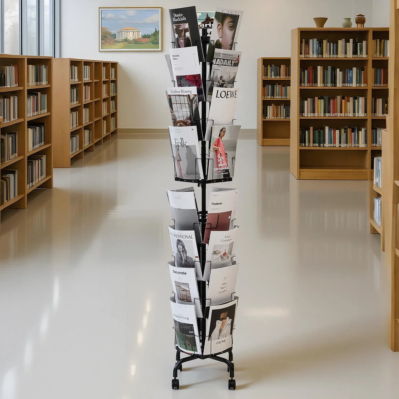 VEVOR Expositor de Revistas con 32 Compartimentos, Soporte Giratorio para Postales con 4 Ruedas, Revistero Metálico para Periódicos, Literatura, para Tiendas, Exposiciones, Oficinas, Bibliotecas