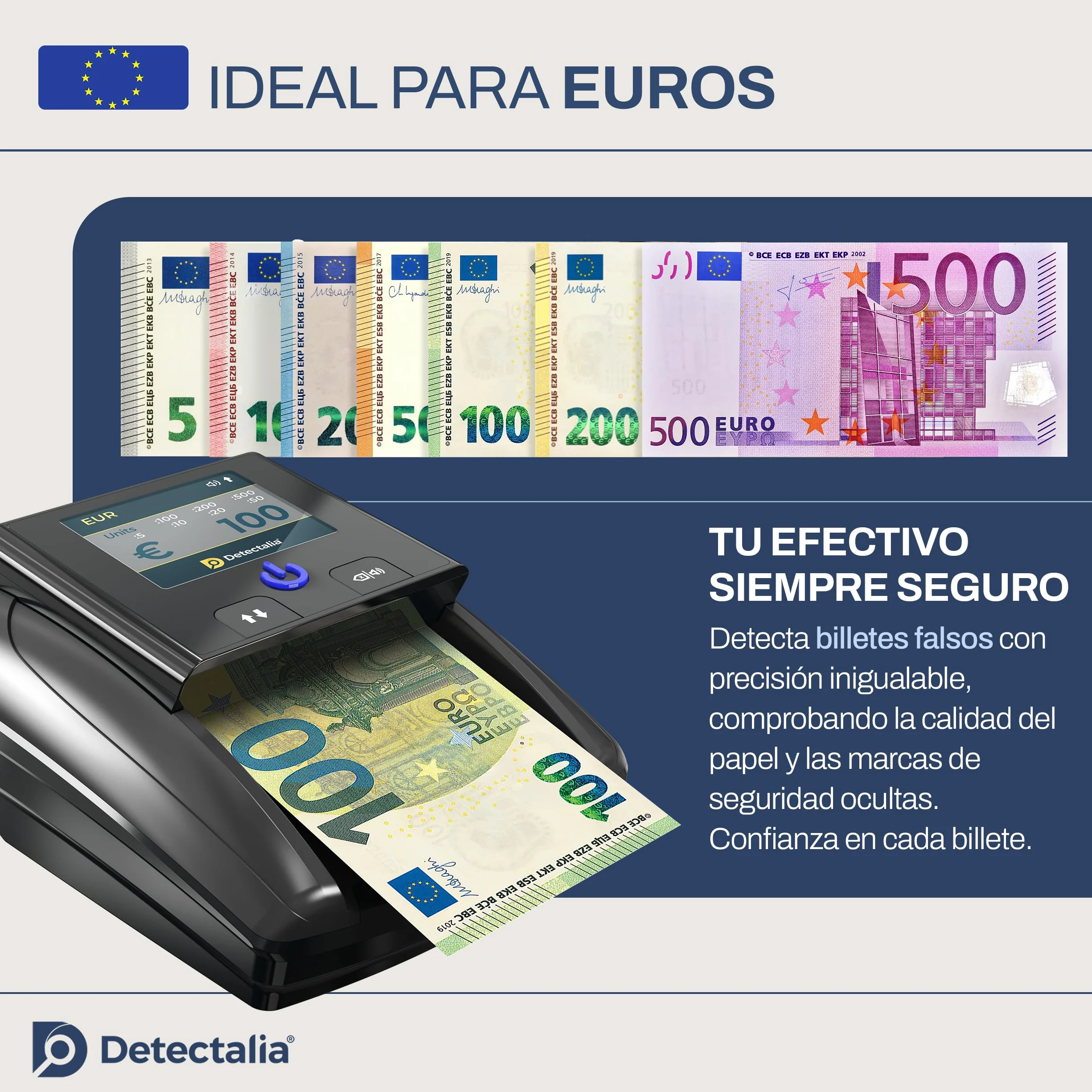 Detectalia D7T+ Detector de Billetes Falsos 5 Sistemas 3 Divisas EUR GBP USD Pantalla TFT