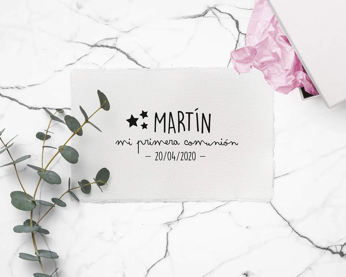Stamp by Me | Sello Personalizado para Comunión | 4 Diseños | Sello de Madera | Sello de Comunión | Ideal para los Sobres e Invitaciones | Con Tampón de Tinta Opcional | Nombre y Fecha | Estrellas