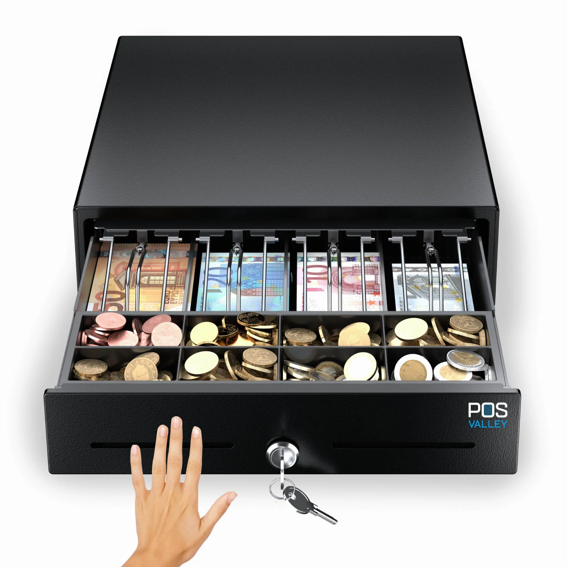 Mini Cajón Caja Registradora Pequeño, Apertura Manual Pulsando Panel Frontal y Llave, Inserto para Efectivo 4 Billetes y 8 Monedas (Euro), 33x35 cm (Negro)