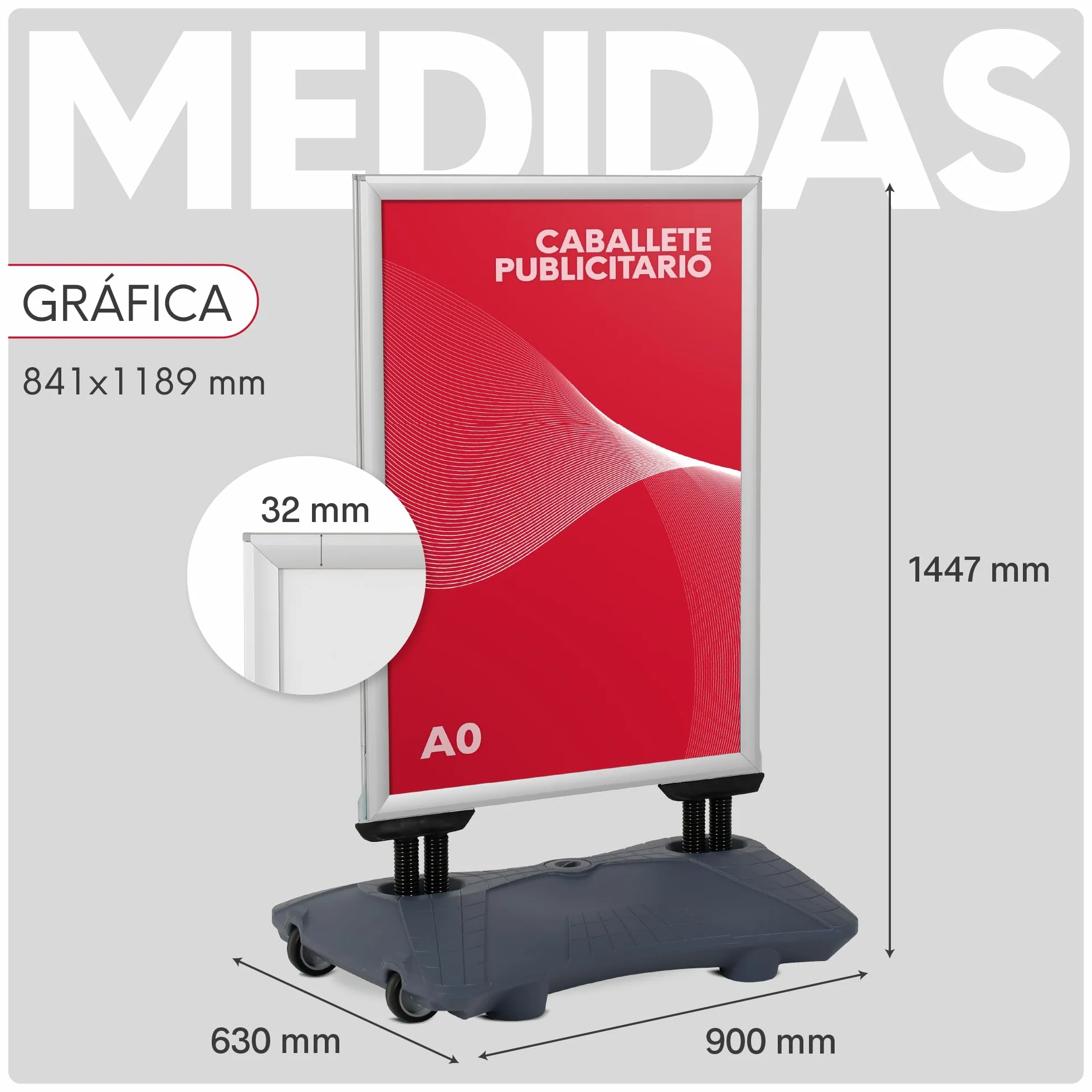 Expositor Publicitario Exterior con Base Rellenable y Ruedas | Soporte para Carteles con Marco de Apertura Click | Ideal para Publicidad en Calles y Comercios | A0 | Gris