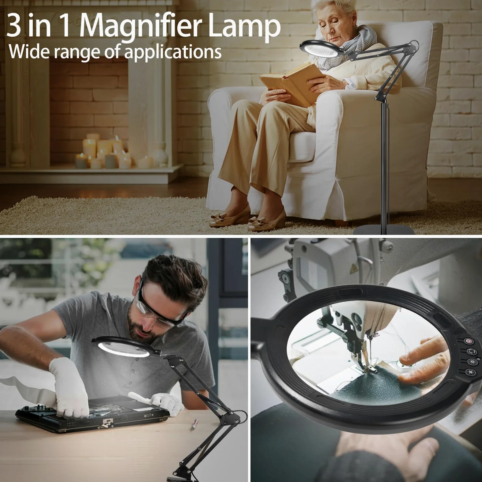 Lupa de suelo con luz y soporte, 12 lupas flexibles con 54 LED, 5 modos de color regulable sin niveles, con manos libres, lupa iluminada para leer, coser, manualidades, trabajo fino