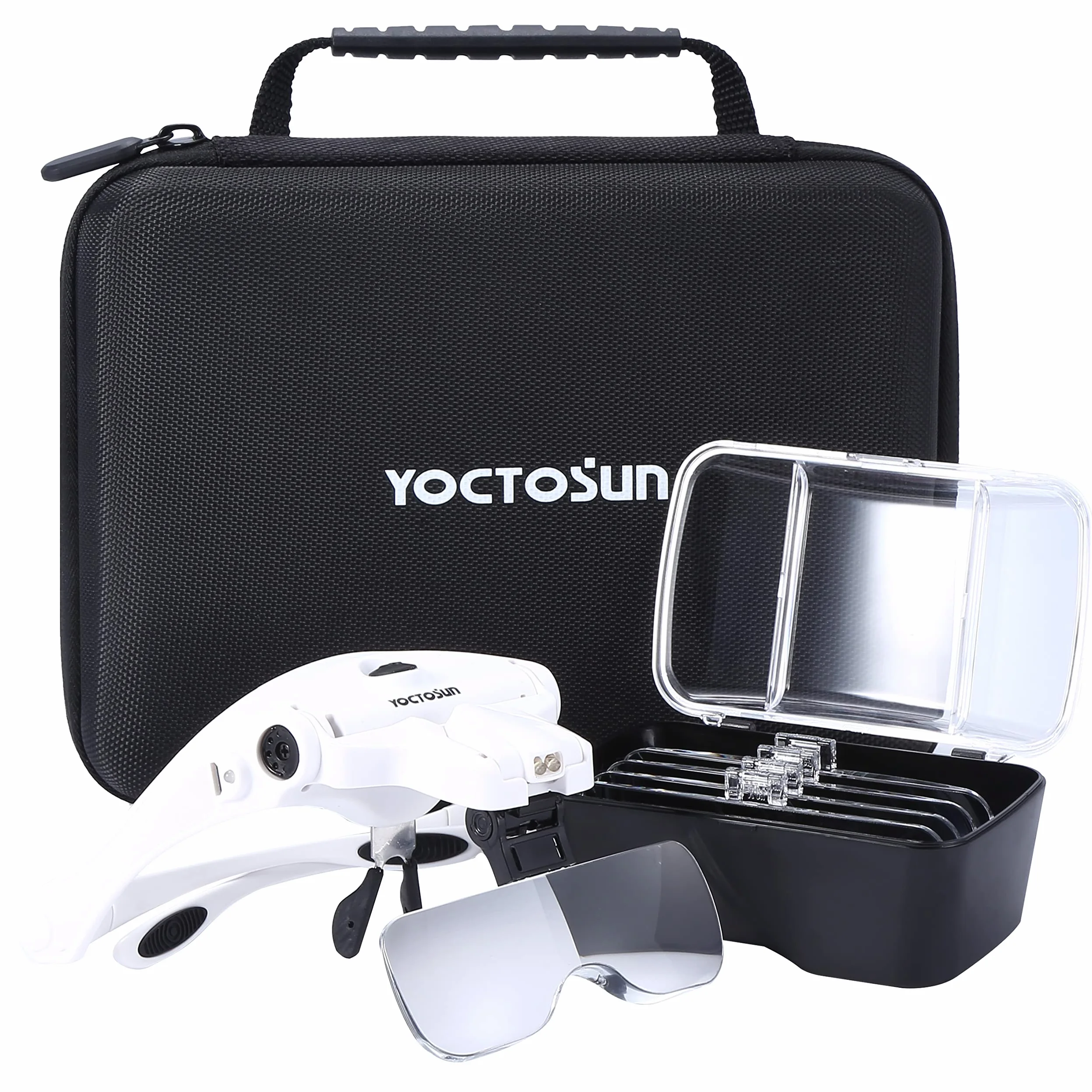 YOCTOSUN Lupas con luz LED, Lupa de Montaje en la Cabeza con 5 Lentes, Diadema, Estuche de Almacenamiento, Visera de Aumento de Cabeza iluminada Manos Libres para Trabajos cercanos y Manualidades