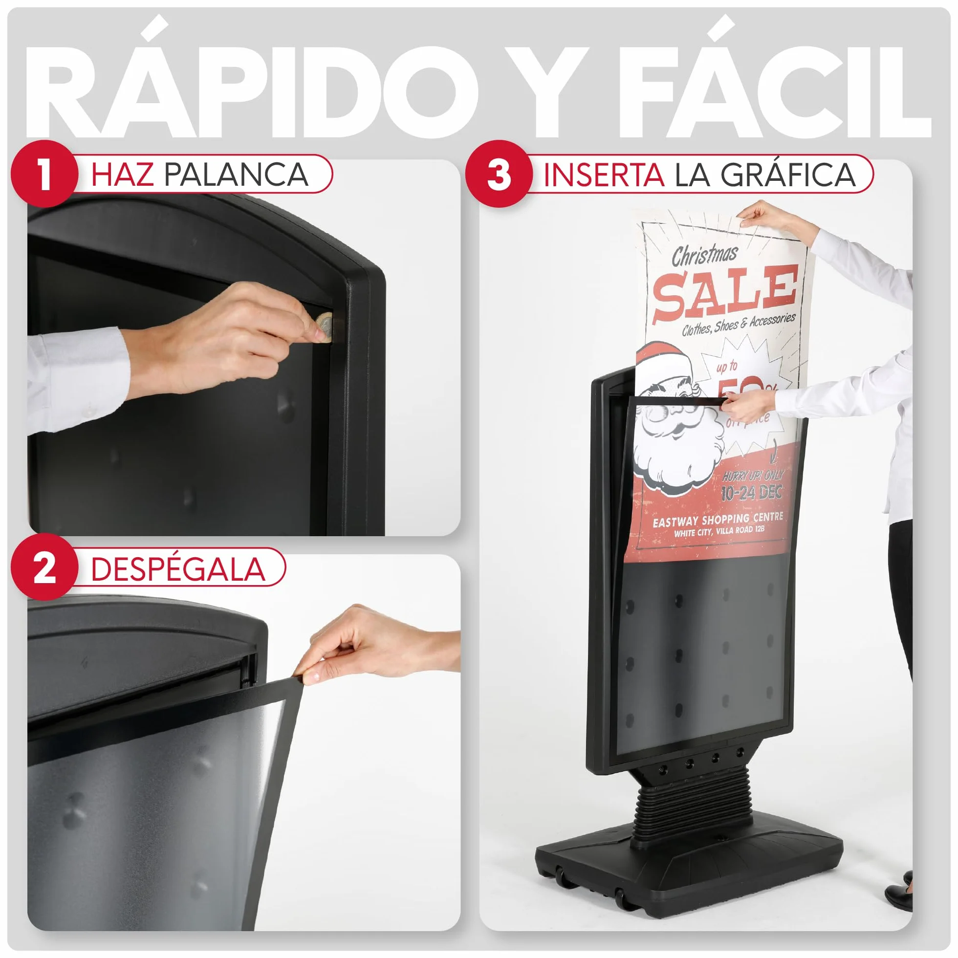 Caballete Publicitario Exterior Dortmund | Expositor Doble Cara Tamaño A1 con Base Rellenable y Ruedas | Soporte para Carteles Resistente al Viento y Agua | Con Protector UV