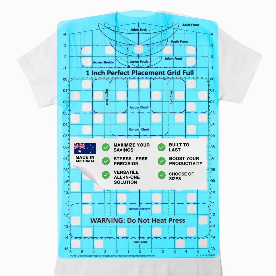 Guia de regla para camisetas, alineacion completa | Disenado y fabricado en Australia; DTF y bordado; PETG; alineacion HTV