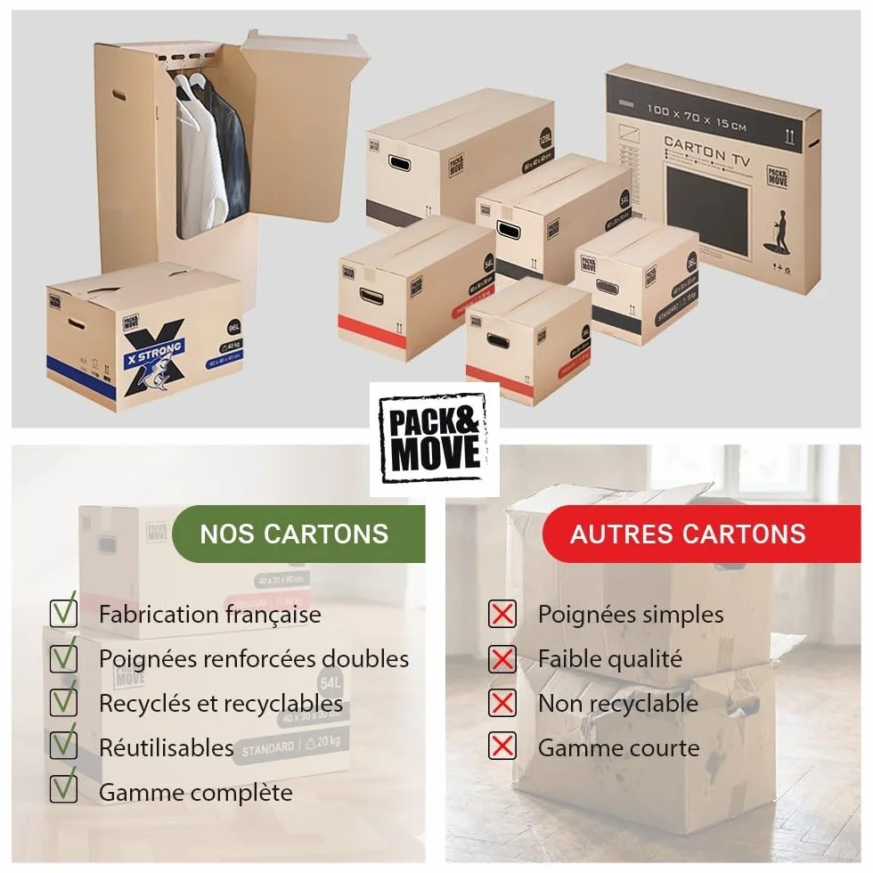 Pack de cajas de cartón para mudanza 72L - 60x40x30cm - certificados FSC 70% - Charge max 20KG - Pack and Move (40)