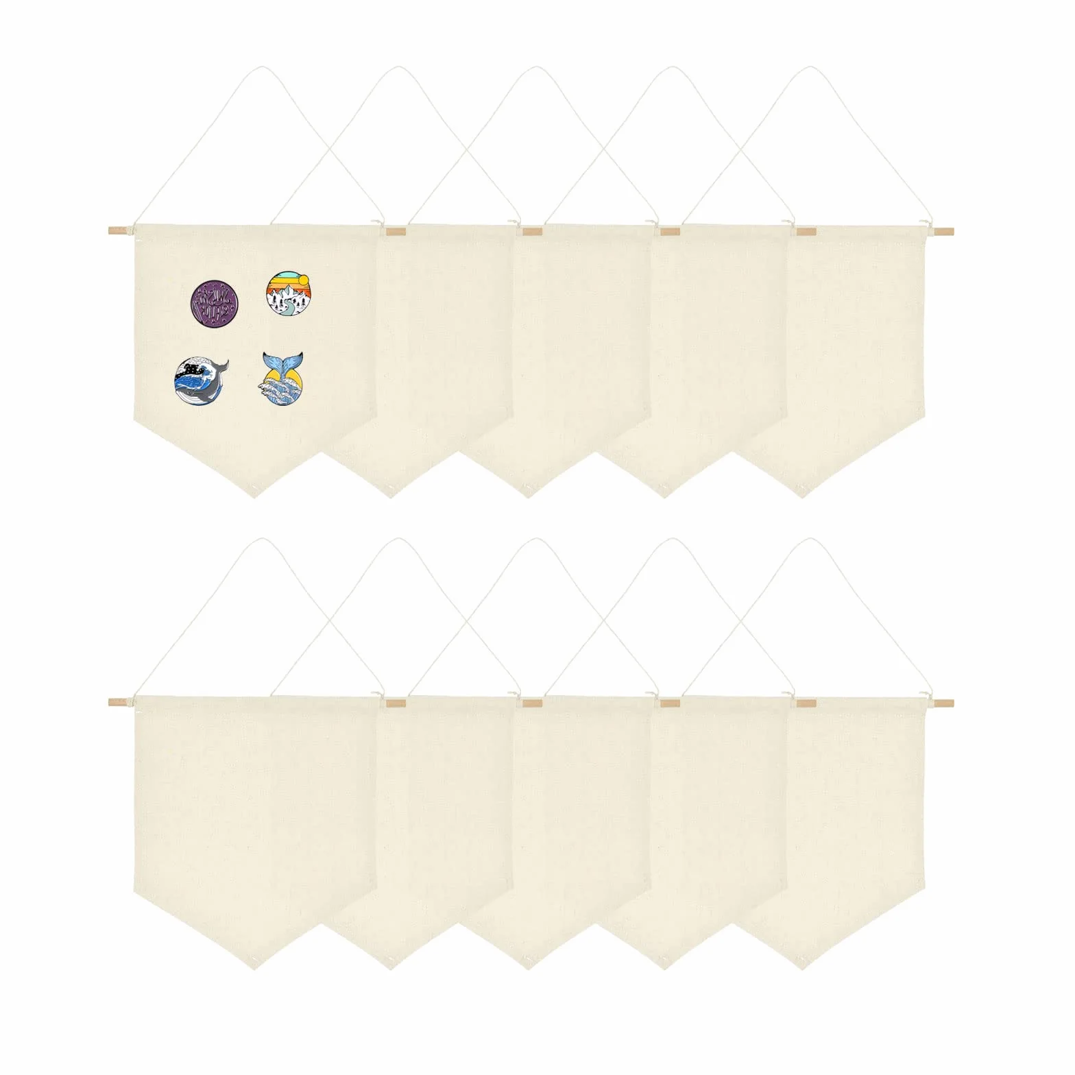 10 pancartas de lienzo de pared, lienzo blanco beige con clavija de madera, pin esmaltado para insignias, botones, colecciones de solapa