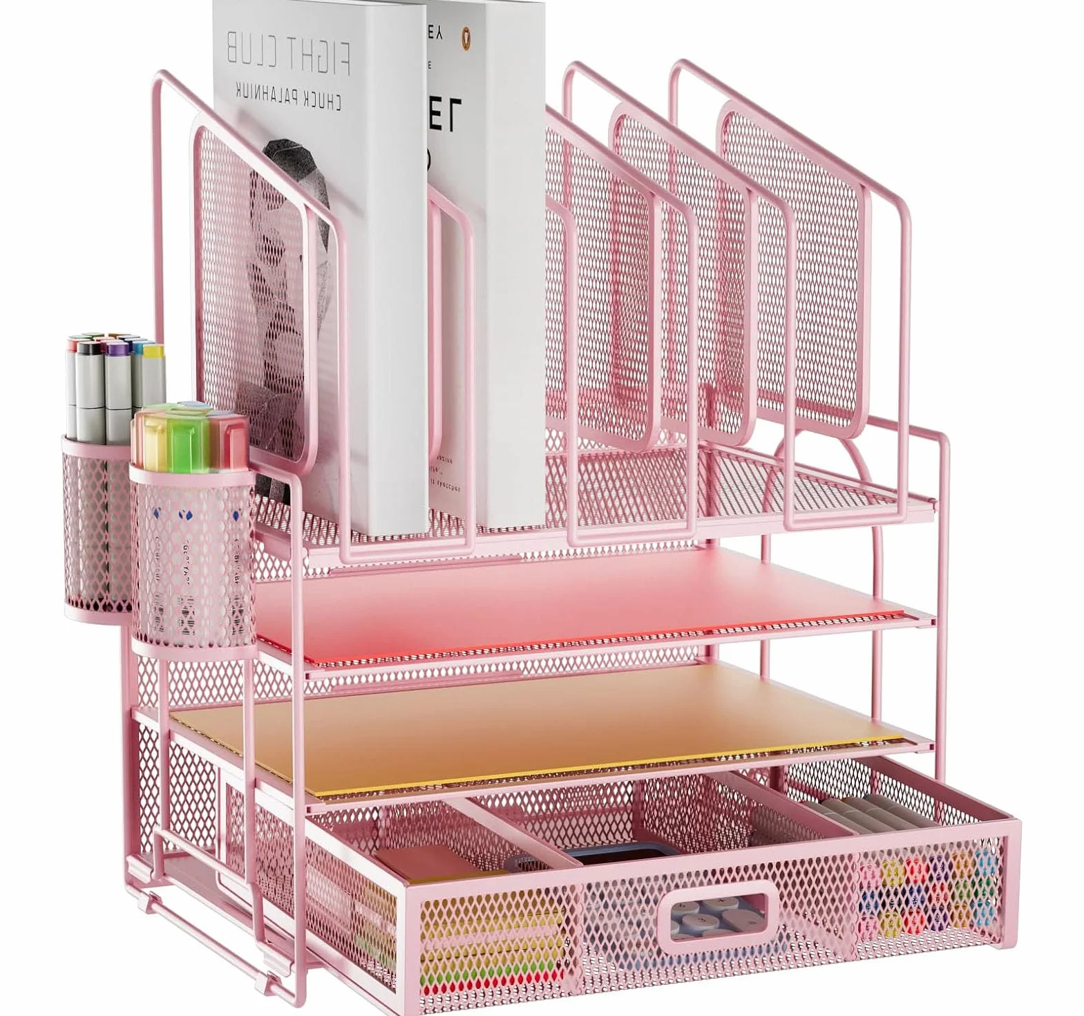 Marbrasse Organizador Escritorio,4-Tire Bandejas Oficina y 5 Soporte Vertical,2 Soportes para Bolígrafos,Bandeja Escritorio Organizador para Hogar Oficina(Rosa)