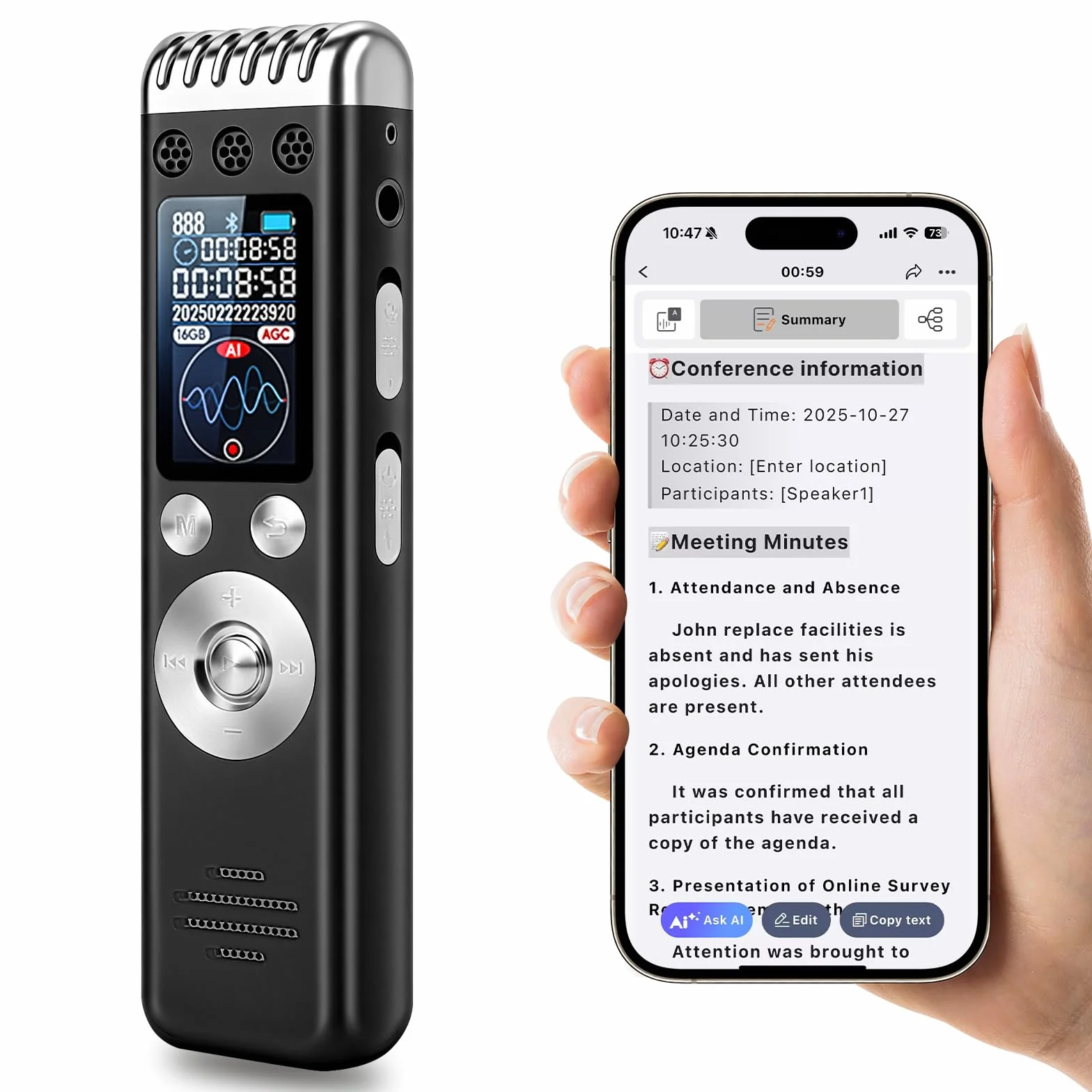 Registrador de Voz AI - Registrador de Voz Profesional Portátil, Transcribe y Resume con Tecnología AI, Compatible con 256 Idiomas, Control de Aplicación