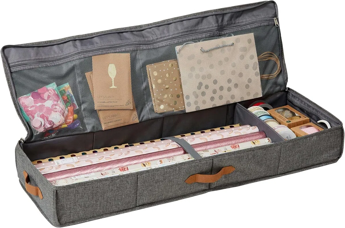 LOVE IT STORE IT Organizador premium para almacenamiento de papel de regalo, reforzado, gris, 90 x 30 x 12 cm
