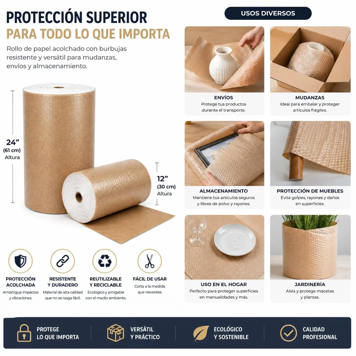 Papel Burbuja con Kraft para Embalar | Rollo Burbujas Embalaje 120 cm x 75 m | Plastico Burbujas Polietileno con Papel Kraft Protector | Ideal Mudanzas, Envíos y Almacenaje
