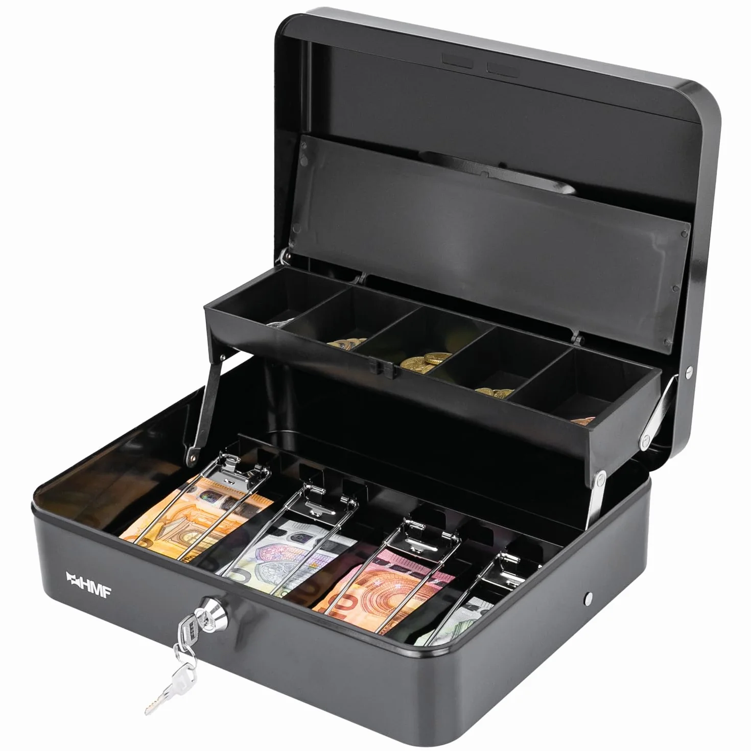 HMF 15230-02 - Caja de caudales con cerradura con compartimento para monedas y 4 compartimentos para billetes con pinza | 30 x 24 x 9 cm | Negro