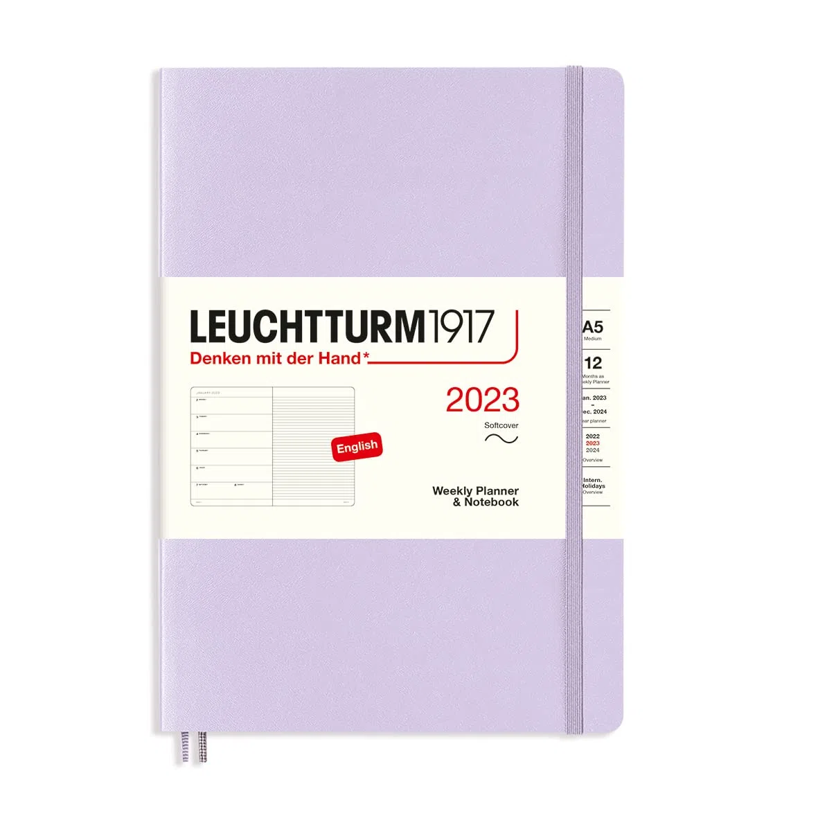 LEUCHTTURM1917 365902 - Agenda semanal y cuaderno (tamaño mediano, A5) 2023, 12 meses, color morado, inglés