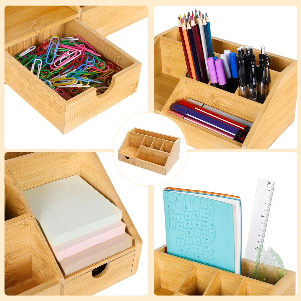 Cinnani Organizador de escritorio de bambú con cajón – Caja para bolígrafos, soporte para bolígrafos de bambú para escritorio, almacenamiento multifuncional de papelería