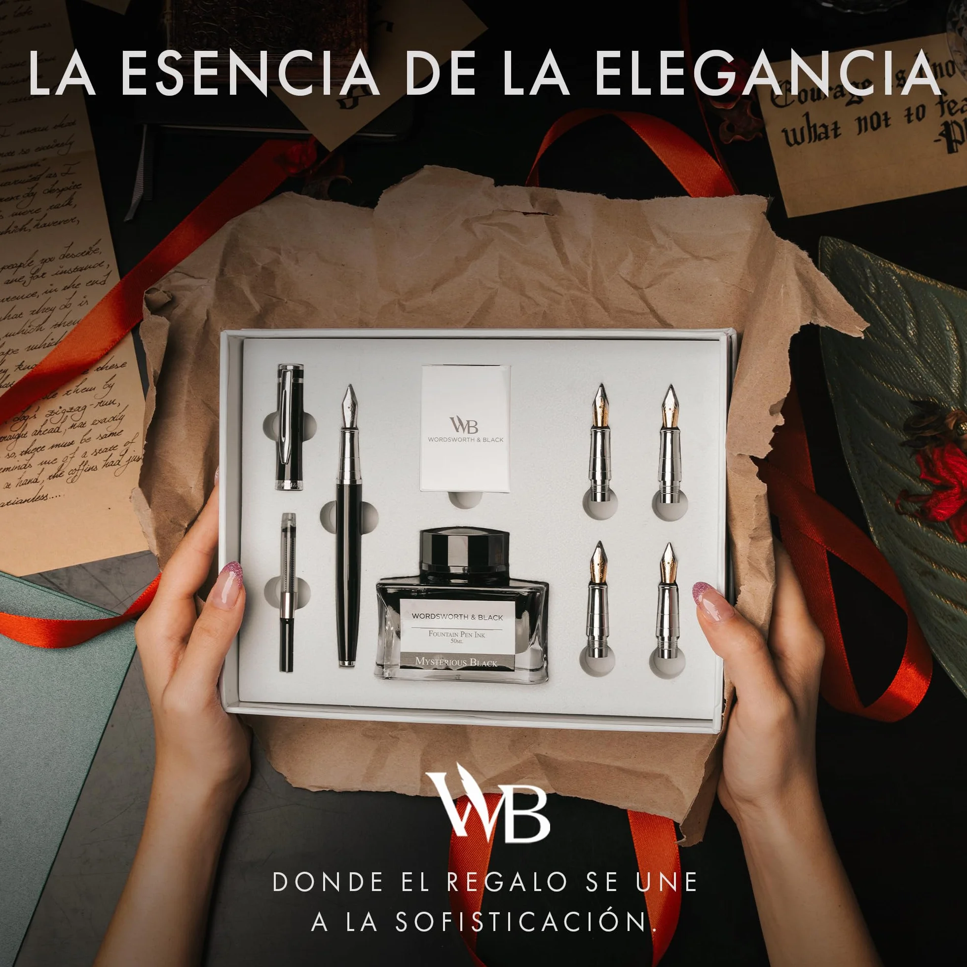 Wordsworth & Black Juego de regalo de pluma estilográfica, incluye botella de tinta y 6 cartuchos, 1 convertidor, 4 puntas de repuesto, paquete premium, diario, caligrafía