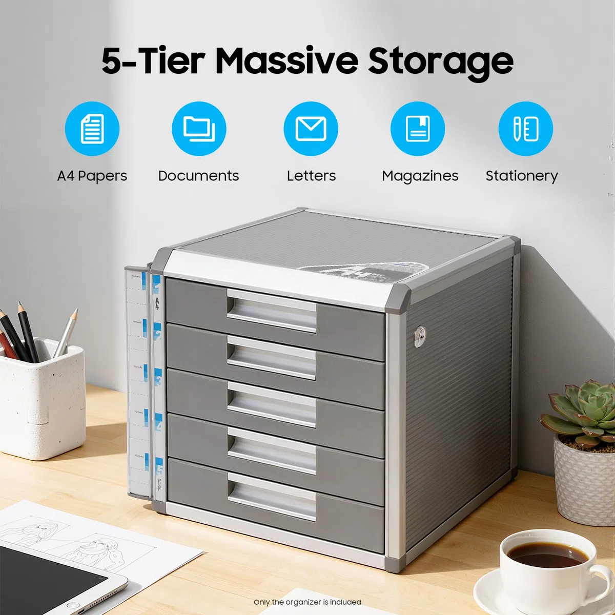 Organizador de cajones con cerradura, caja de cajones con cerradura A4, aspecto de madera de aluminio, caja fuerte para documentos con 2 llaves, organización de escritorio, se adapta a la oficina en