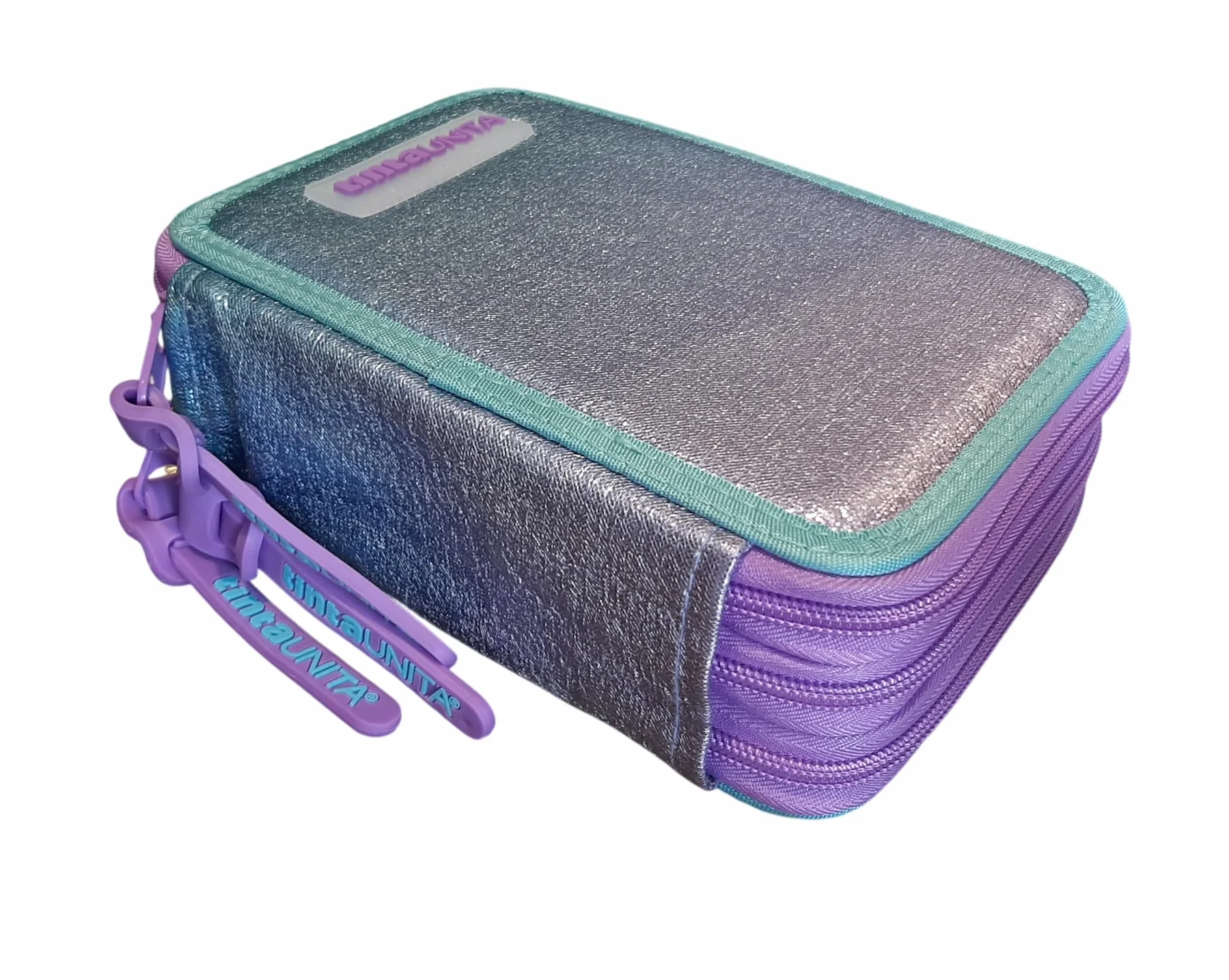 PRESTIGE & DELUXE Estuche completo de color liso Pool Over 3 cremalleras Gradient azul violeta completo de papelería + estuche sobre cremallera para escuela niña niña + llavero y bolígrafo de color