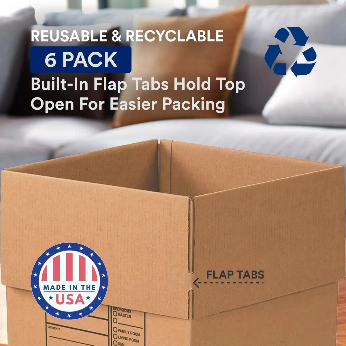 BOX USA Cajas grandes de lujo para mudanza (paquete de 6), panel de escritura, advertencia frágil y flechas laterales de papel kraft