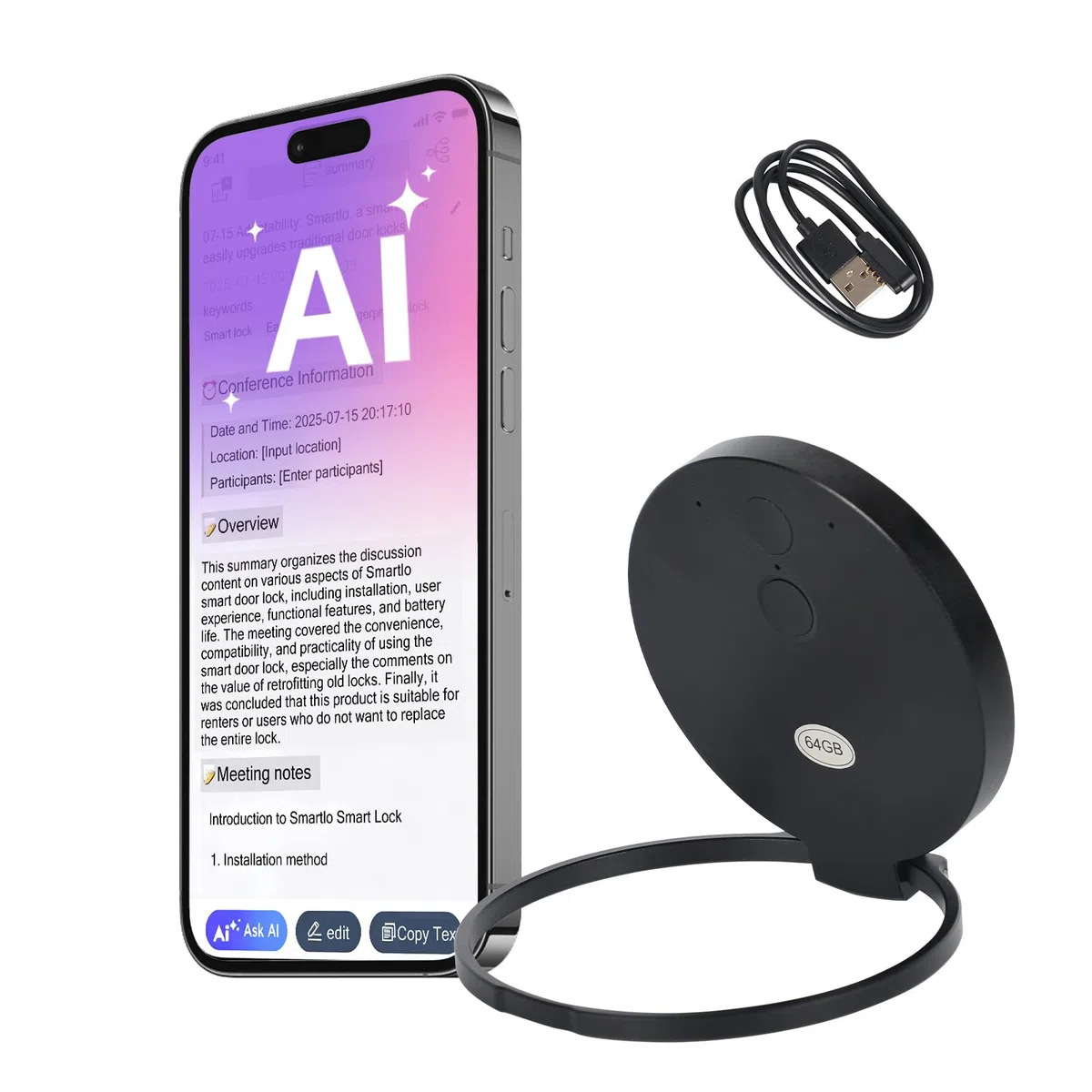 Grabadora de voz IA, grabadora de voz de 64 GB con soporte magnético, transcripción, mapa mental y resumen a través de la aplicación, compatible con 189 idiomas, grabadora digital portátil para