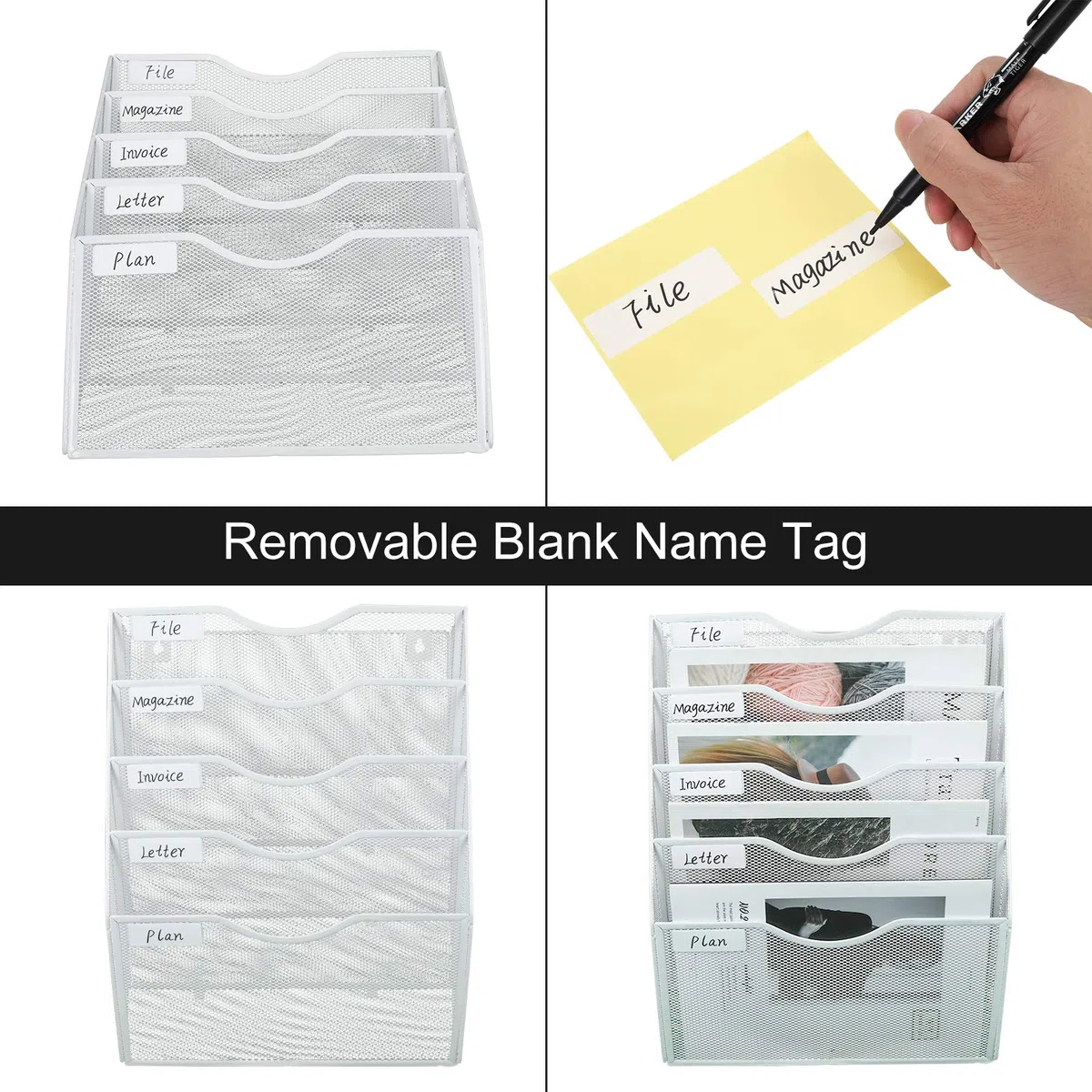 PAG Organizador de Archivos de Oficina Para Colgar en la Pared, Revistero Pared De Malla Con 5 Bolsillos , Organizador Pared Vertical Para Documentos de Oficina,Blanco