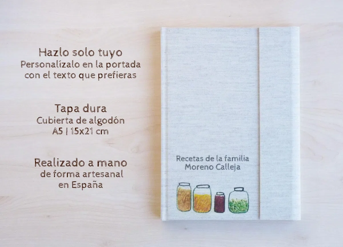 Sphinge Recetario en blanco personalizado con tu nombre 15x21 | Libro de cocina para escribir 90 recetas con índice | Castellano català português | Tapa dura de tela A5 | SIN cuchara