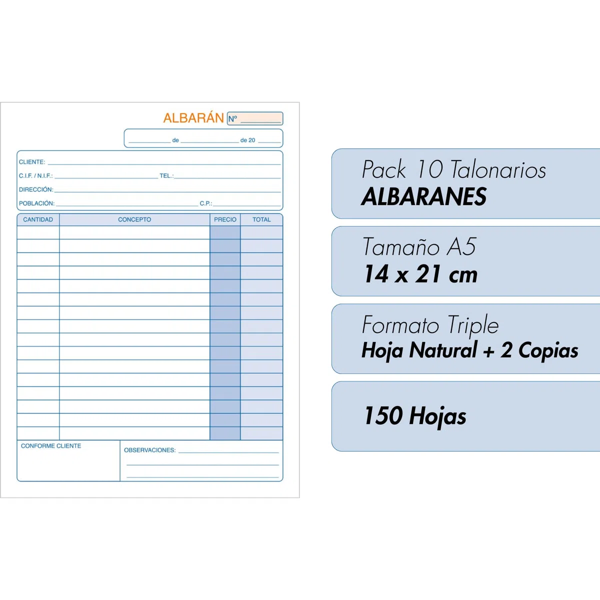Dohe - Talonarios Albaranes 3 Copias (10 uds.) - Hoja Original y 2 Copias, 150 Hojas por Talonario, Tamaño A5 (14x21 cm), Documentos de Venta, Albaranes de Entrega, Material de Oficina