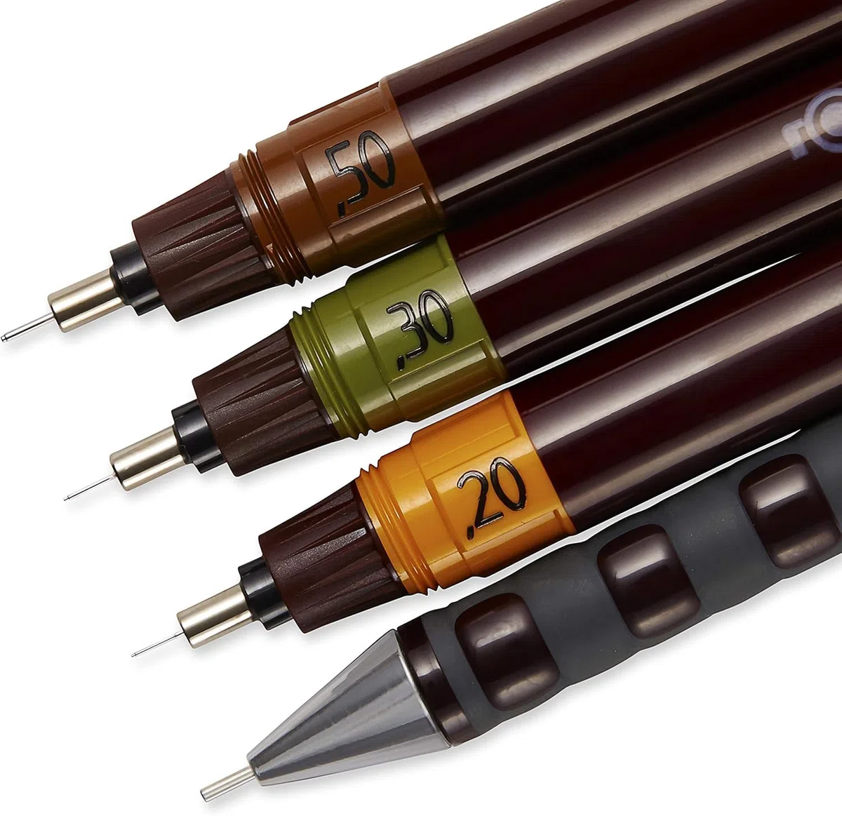 rOtring Isograph - Juego de bolígrafos técnicos y lápices universitarios S0699370 | 3 bolígrafos (0,20 mm, 0,30 mm, 0,50 mm) y portaminas (0,5 mm) | Accesorios con brújula universal compacta