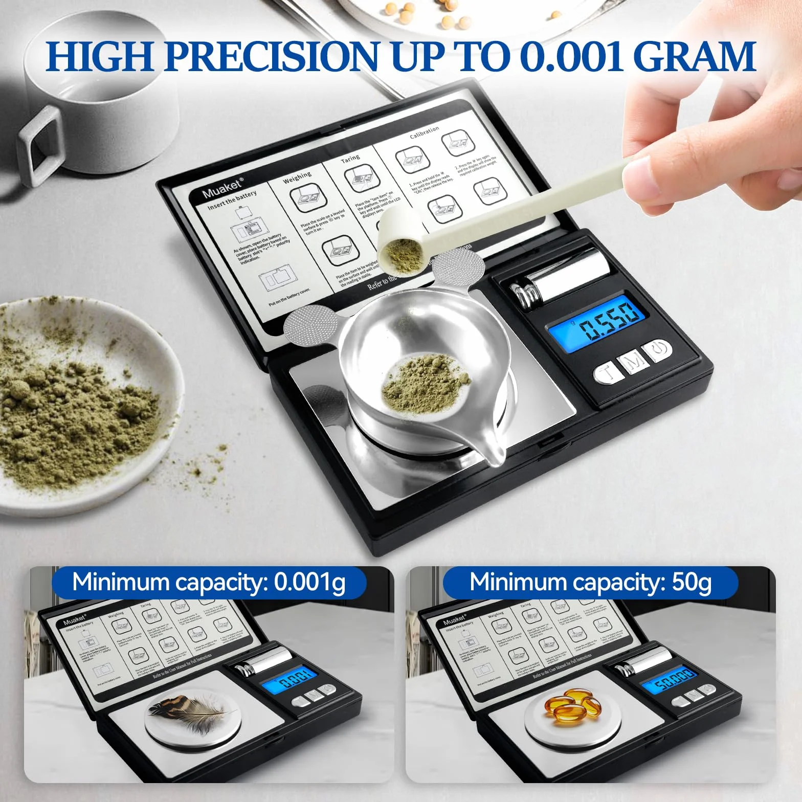 Báscula Precisión 0,001g/50g, Alta Precisión Balanza Miligramos con Pesas de Calibración, Balanza Precision Digital para Pesar Polvos, Medicamentos, Bascula Cocina con Pinzas y Bandeja, Negro