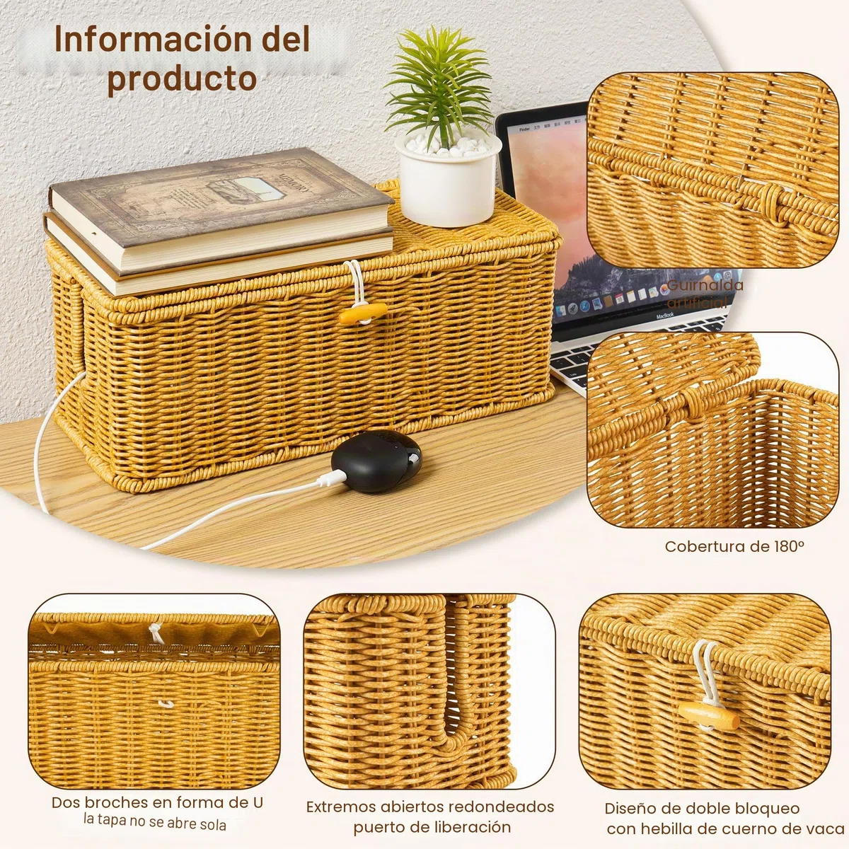 Gucass Juego de 2 Organizadora Cables de Ratán, Cajas Guarda Cables con Tapa, Caja para Cables con 10 Bridas, Organizador Cables Caja para Ocultar Regletas de Enchufes y Cables, para Oficina, Hogar